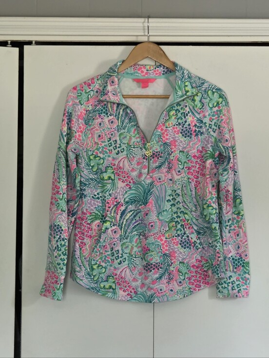 Lilly Pulitzer Tops - Lilly Pulitzer Pink & Green Palm-Print Quarter-Zip Pullover
